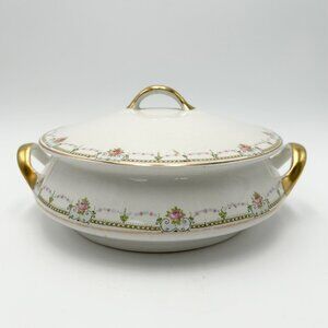 1921 Antique Homer Laughlin China Lidded Vegetable Bowl with Pink & Blue Flowers
